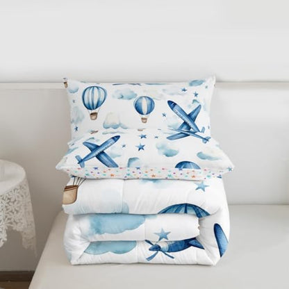 Erosebridal Cartoon Aircraft Toddler Comforter Set for Boys, Dreamy Hot Air Balloon Bedding Set, Blue White Clouds Comforter for Kids Teens Girls Adults Bedroom, Airplane Star Print Quilt
