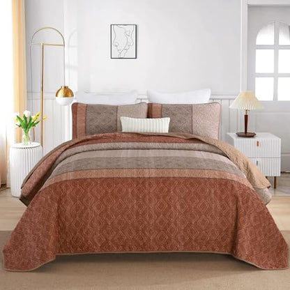 Cottolester Boho Quilt Set Queen,3 Pcs Red Orange Striped Plaid Bedspread