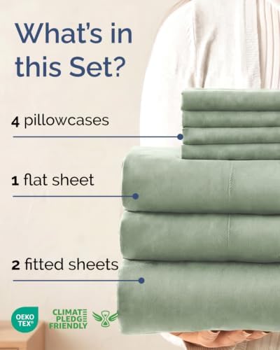 Split King 7 Piece Bed Sheet Set - Comfy, Breathable & Cooling - Eucalyptus