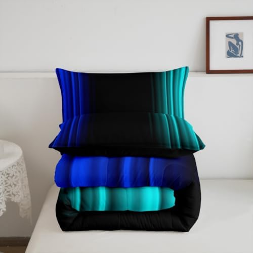 Feelyou Teens Abstract Ombre Decorations Bedding Set for Kids Women Blue Teal and Black Comforter Set Geometric Modern Quilt Set Room 3Pcs Full Size