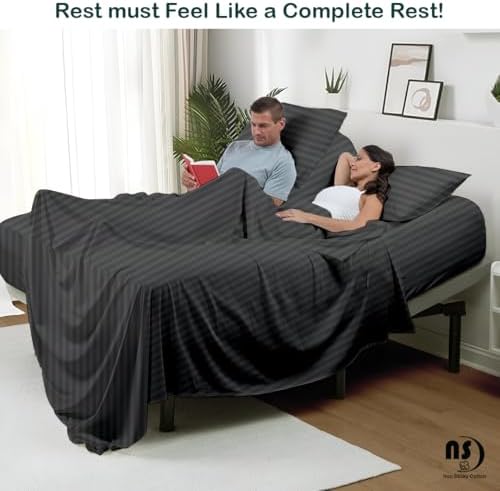 NON Sticky cotton Adjustable Split King Sheet Set for Sleep Number Beds, Premium 100% Long Staple Cotton Bedding, Two Twin XL 39" X 80" Fitted Sheets Fits Up to 18" Deep Mattress, Dark Grey Stripe