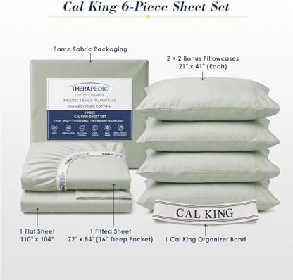 Therapedic 100% Egyptian Cotton 6 Piece California King Sheets Set (Sage)