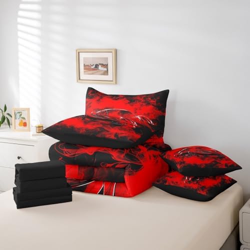 Feelyou Speed Sports Car Comforter Set with Sheets King Size Kids Smoky Race Car 7 Pieces Bedding Set for Boys Girls Teens Racing Car Bed in a Bag Breathable Extreme Sports Bed Set Black Red