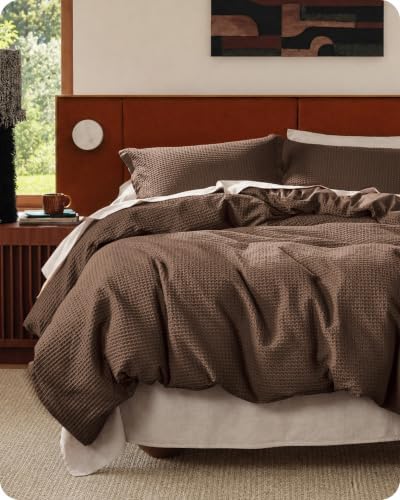 Bedsure PureWoven Cotton Waffle Duvet Cover Set, California King, Brown