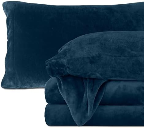 Elegant Comfort Luxuriously Soft 4-Piece Velvet Plush Flannel Sheet Set - Premium Quality - Cozy Warm, Anti-Static, Non Pilling Fuzzy Velvet Flannel Fleece Deep Pocket Sheet Set - Cal King, Navy