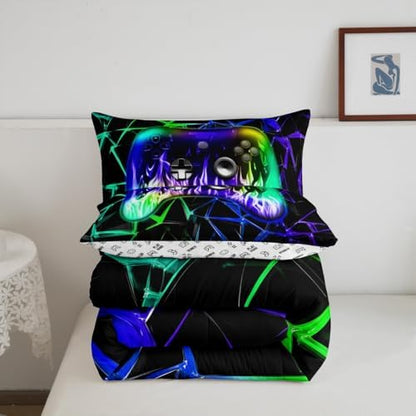 Castle Fairy Modern Gamepad Twin Size Comforter Set for All Seasons,Kids Reversible Gaming Bedding Set Teens Bedroom Decor,Green Blue Honeycomb Comforter Inner Fill with 1 Pillowcase