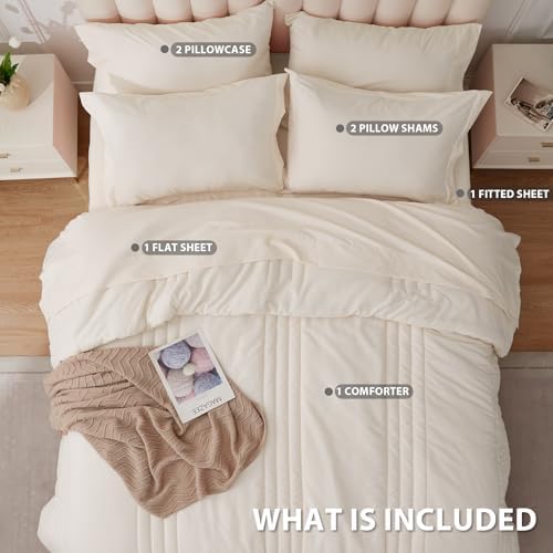 Queen Comforter Set with Sheets Beige, 7-Piece Bed in a Bag Queen