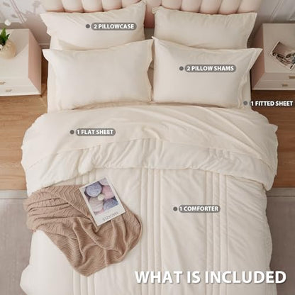 Queen Comforter Set with Sheets Beige, 7-Piece Bed in a Bag Queen