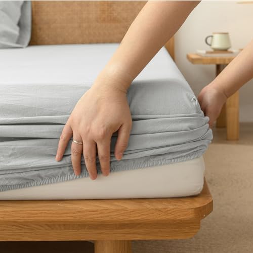 BESTOUCH King Washed Cotton Linen Feel Sheets 4 Pcs Northern Droplet Grey