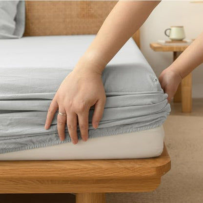 BESTOUCH King Washed Cotton Linen Feel Sheets 4 Pcs Northern Droplet Grey