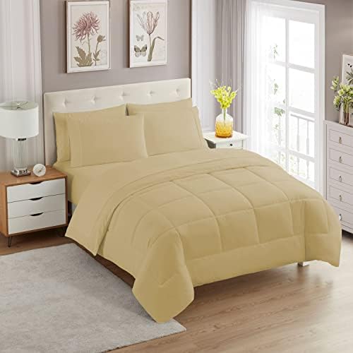 Sweet Home Collection 7 Piece Comforter Set Bag Solid Color All Season Soft Down Alternative Blanket & Luxurious Microfiber Bed Sheets, Camel, King