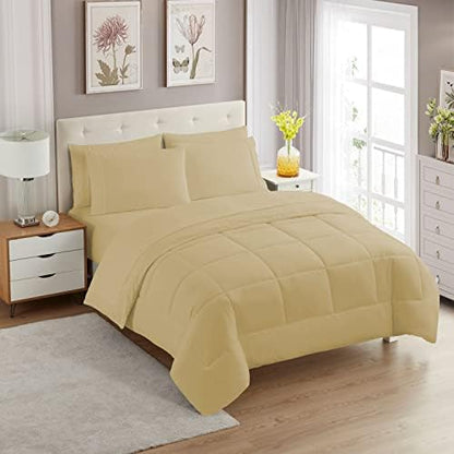 Sweet Home Collection 7 Piece Comforter Set Bag Solid Color All Season Soft Down Alternative Blanket & Luxurious Microfiber Bed Sheets, Camel, King