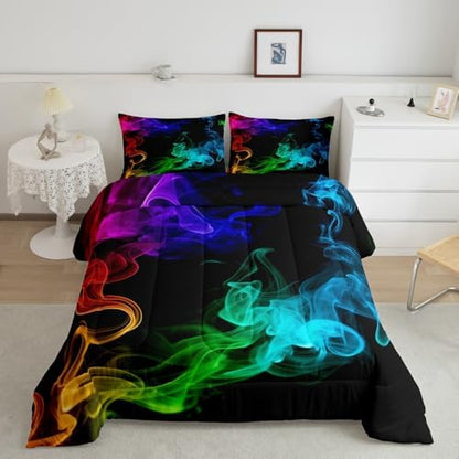 Erosebridal Psychedelic Smoke Comforter Set King,Rainbow Smoke Bedding Set Trippy Smoky Down Comforter for Kids Boys Girls Teens,Abstract Grunge Teal Blue Quilt Duvet Set Bedroom Decor 3 Pcs