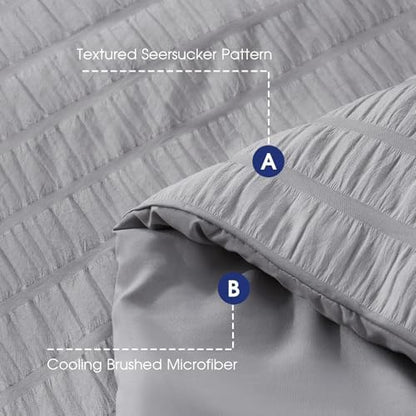 FreshCulture Comforter Set Seersucker 7 Pieces, All Season Bedding Set California King, Bed in a Bag Set with 1 Comforter, 1 Flat Sheet, 1 Fitted Sheet, 2 Pillowcases and 2 Pillow Shams, Light Grey