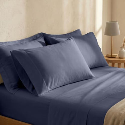 BIOWEAVES 100% Organic Cotton Sheets, 300 Thread Count 4-Piece GOTS Certified Bed Sheet Set Fits Mattress Upto 17" Deep Pocket, Soft & Silky Sateen Weave (Queen, Mineral)