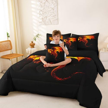 Feelyou Fire Breathing Dragon Comforter Set King 7 Pieces Flaming Dragon Bedding Set for Boys Girls Mythical Creature Print Bed in a Bag Dragon Silhouette Art Room Decor Quilted Soft Lightweight