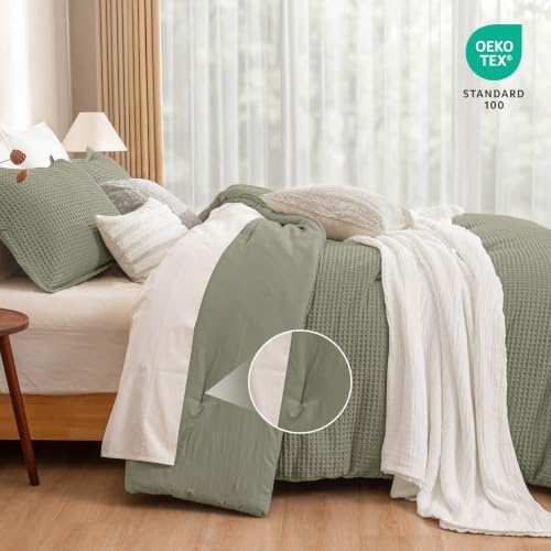 PHF Ultra Soft Waffle Comforter Set 3 Pieces King, Dusty Sage