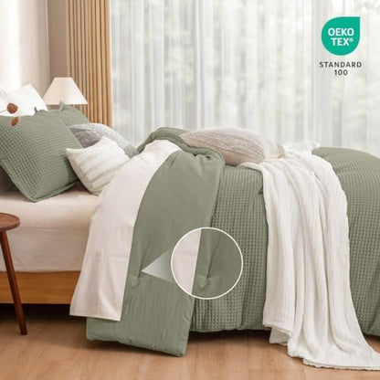 PHF Ultra Soft Waffle Comforter Set 3 Pieces King, Dusty Sage