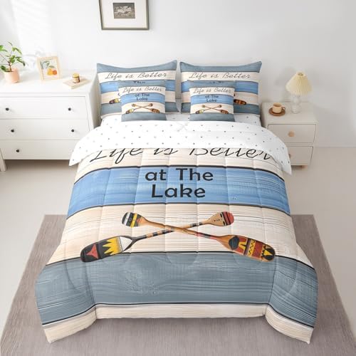 Erosebridal Lake House Bedding Set for Kids Teens,Boat Paddle Comforter Set Full Size,Blue Wooden Plank (Comforter+Fitted+Flat Sheet+2 Pillowcases+2 Throw Pillow Covers) 7 Pieces Bed Set
