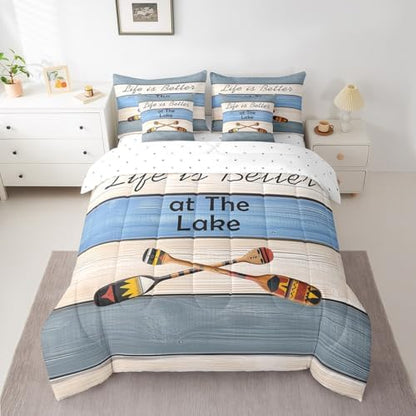 Erosebridal Lake House Bedding Set for Kids Teens,Boat Paddle Comforter Set Queen Size,Blue Wooden Plank (Comforter+Fitted+Flat Sheet+2 Pillowcases+2 Throw Pillow Covers) 7 Pieces Bed Set