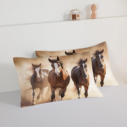 HOSIMA Brown Horse Comforter Sets King Size,3D Handsome Horse Galloping Printed Bedding Set for Adults Teens Boys Room Decor,Wildlife Theme Bedding Sets King Size with 2 Pillowcases.