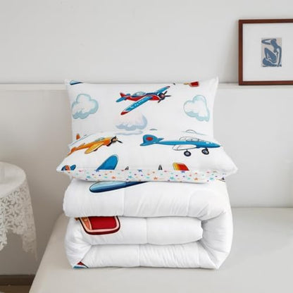 Erosebridal Colorful Aircraft Comforter Set Full, Cartoon Propeller Plane Airplane Bedding Set, Aviation Theme Comforter for Boys Kids Girls Teens Adults Child Bedroom, White Cloud Quilt