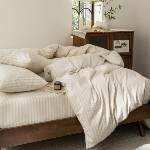 FOSSA Striped Duvet Cover Set 100% Washed Cotton Linen Feel Queen