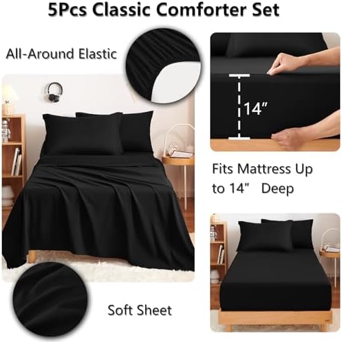 CozyLux Twin Comforter Set 68"x88" Black - 5 Piece Bed in a Bag