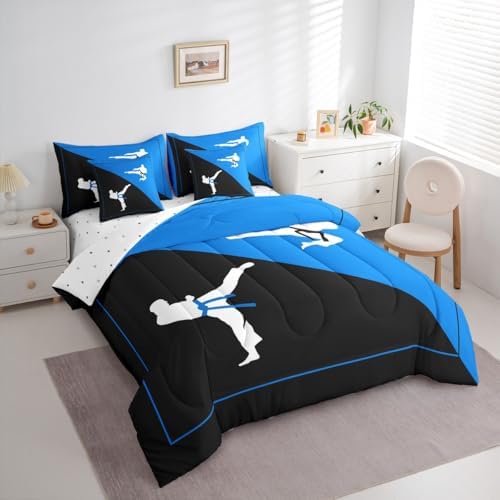 Castle Fairy Teens Adult Taekwondo Comforter Set King Size 7 Pcs Black Blue Bedding Set with Comforter,Sheet Set,Pillowcase and Sham Japanese Style Bed Set Kungfu Bedding for Room Decorative