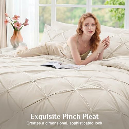 JOLLYVOGUE California King Comforter Set 7 Pieces - Bed in a Bag Cal King for All Season, Pintuck Bedding Comforter Sets with Comforter, Flat Sheet, Fitted Sheet and Pillowcases & Shams, Beige