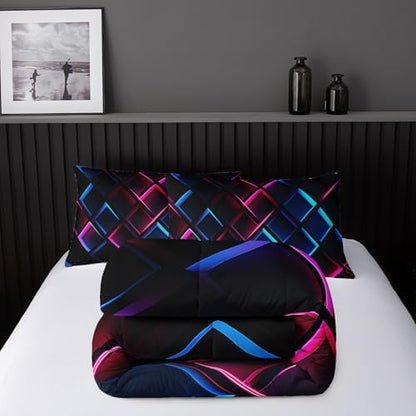 Nttopship Blue Black Geometric Comforter Set Queen Size 3D Stereoscopic Square Bedding Set Honeycomb Bedding Set 3 Piece Modern Style Geometry Decor,Microfiber LightweightWith 2 Pillowcases