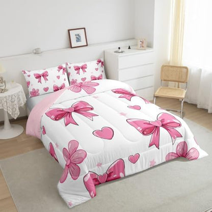 jejeloiu Pink Bow Bedding Set Soft for Boys Girls, Colourful Bowknot Comforter Set Queen Size White Pink Duvet Quilt Microfiber Butterfly Bowknot Bedroom Decor 3 Pcs with 2 Pillow Cases