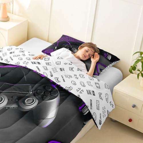 Feelyou Gamer Kids Comforter Set Twin Size Gaming Bedding Set Game Room Decor Duvet Quilt for Kids Boys Girls Bedroom Gamepad Decor Purple Microfiber Ultra Soft Breathable