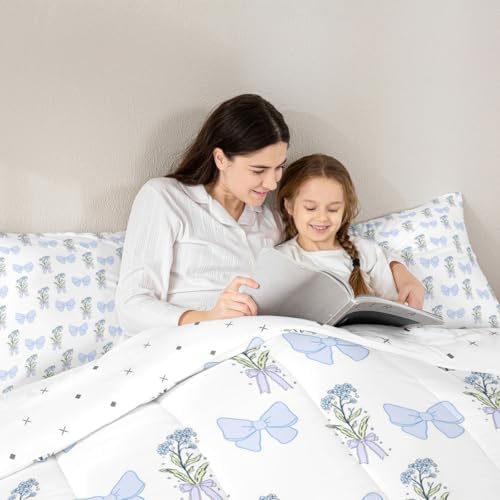 Castle Fairy Blue Bowknot Twin Size Comforter Set for All Seasons,Retro Farmhouse Dreamy Girly Style Bedding Set Teens Bedroom Decor,Cute Blue Flowers Comforter Inner Fill with 1 Pillowcase