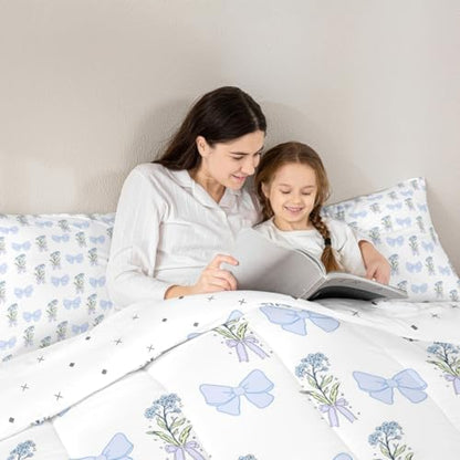 Castle Fairy Blue Bowknot Twin Size Comforter Set for All Seasons,Retro Farmhouse Dreamy Girly Style Bedding Set Teens Bedroom Decor,Cute Blue Flowers Comforter Inner Fill with 1 Pillowcase