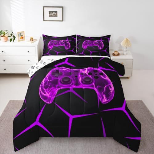 Castle Fairy Gaming Honeycomb Purple King Size Comforter/Duvet Set,Gamer Ultra Soft Bed Collection,Gamepad Game Controller Bedding for Room Decor 3 Pcs,Microfiber Breathable