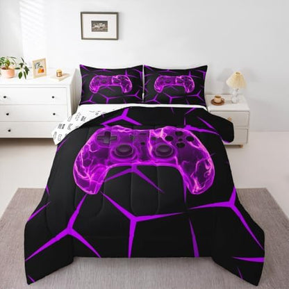 Castle Fairy Gaming Honeycomb Purple King Size Comforter/Duvet Set,Gamer Ultra Soft Bed Collection,Gamepad Game Controller Bedding for Room Decor 3 Pcs,Microfiber Breathable