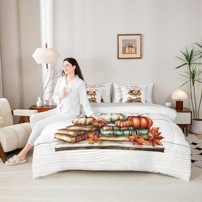 Erosebridal Rustic Farmhouse Bed in A Bag with Sheets for Kids Boys Girls Adults Fall Harvest Pumpkin Print Bedding Set Maple Leaf Book Print Queen Comforter Set 7 Piece Autumn Retro Bed Set