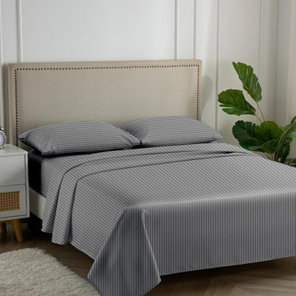 Carressa Linen 600 Series Striped Queen Sheets Set, Cool Sateen, Dark Grey