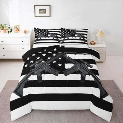 American Flag Comforter Set Queen Size Machine Gun Down Comforter for Kids Teens Adult Men Bedroom USA Federations Stars Stripe Bedding Set United States Military Rifle Duvet Sets, Black and White