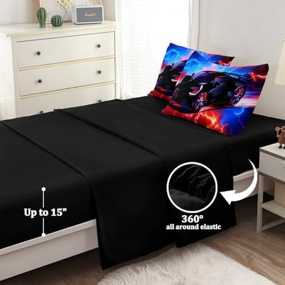5 Pcs Twin Car Bedding Sets for Boys, Lightnings Car Twin Comforter Set for Boys Teens, Twin Boy Bedding Set with Sheets