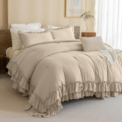Masaca Ruffled Comforter Set Queen,3-Piece Farmhouse Shabby Boho Chic Bedding,Ultra Soft Linen Feel Textured Bed Comforter Set (1 Ruffle Comforter+2 Pillow Shams)