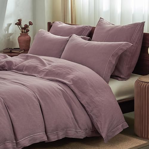 Simple&Opulence 100% French Linen Duvet Cover Set with Embroidered,3 Pcs Washed Soft Farmhouse Bedding Set with Button Closure,1 Comforter Cover and 2 Pillowshams(Queen,Purple)