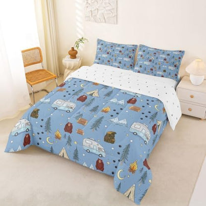 Homewish Cartoon Tents Camp Camper Comforter Set Twin Size,Camping Picnic Bedding Sets 2Pcs for Kids Girls Boys Teens Room Decor,Woodland Bear Quilted Duvet Snow Mountain Down Comforter,1 Pillowcase