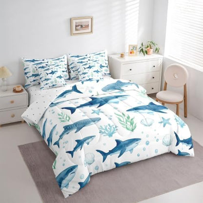 Feelyou Shark Twin Comforter Set with Sheets for Kids Boys Girls Ocean Sea Animal Marine 7 Pieces Bedding Set Underwater World Bed in a Bag Room Decor Soft Lightweight Microfiber