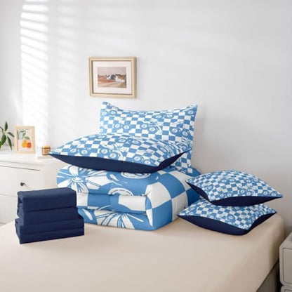 Erosebridal Blue Cheery Bow Full Bedding Set 7 Piece for Boys Girls Y2K Trendy Lucky 8 Ball Comforter Set for Kids Teen Adults,Preppy Fashion Checkered Geometric Bed in A Bag Funky Y2K Bed Set