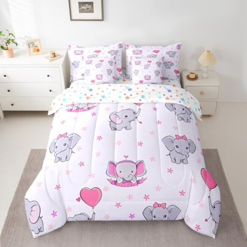 Erosebridal Girls Elephant 7 Piece Comforter Set Twin | Cute Elephant Cartoon Animals Bedding Set for Kids Nursery Bedroom Pink Heart Shaped Comforter with Sheets Kawaii Wildlife Floral Duvet Insert
