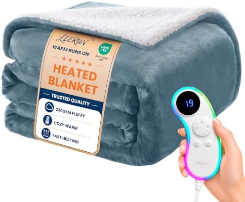 Soft Heated Blanket Full: Fluffy 220GSM Flannel Sherpa Cozy Warm 9 Heat Levels Fast Even Warmth 125.6°F and 9H Auto Off with 7 Night Light Controller - Overheat Protection - Grandma Gifts Blue