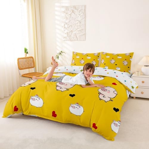 Pig Duvet Cover Cartoon Animal Bedding Set Cute Pigs Printed Decor Yellow Comforter Cover for Kids Teen Girls Boys Soft Microfiber Reversible Bedspread,1 Duvet Cover with 2 Pillowcases, Full Size