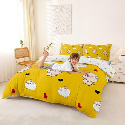 Pig Duvet Cover Cartoon Animal Bedding Set Cute Pigs Printed Decor Yellow Comforter Cover for Kids Teen Girls Boys Soft Microfiber Reversible Bedspread,1 Duvet Cover with 2 Pillowcases, Full Size